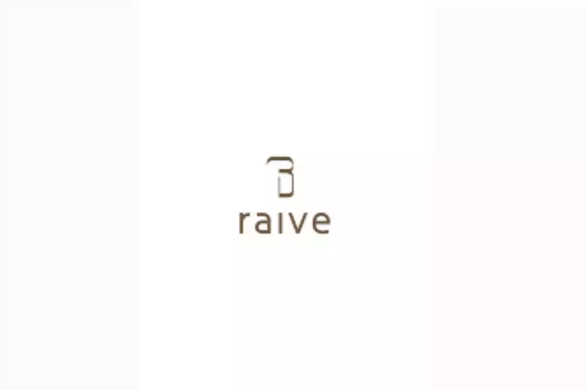 Logotipo minimalista con la palabra "raive" en letras minúsculas y un diseño abstracto encima en un fondo blanco.