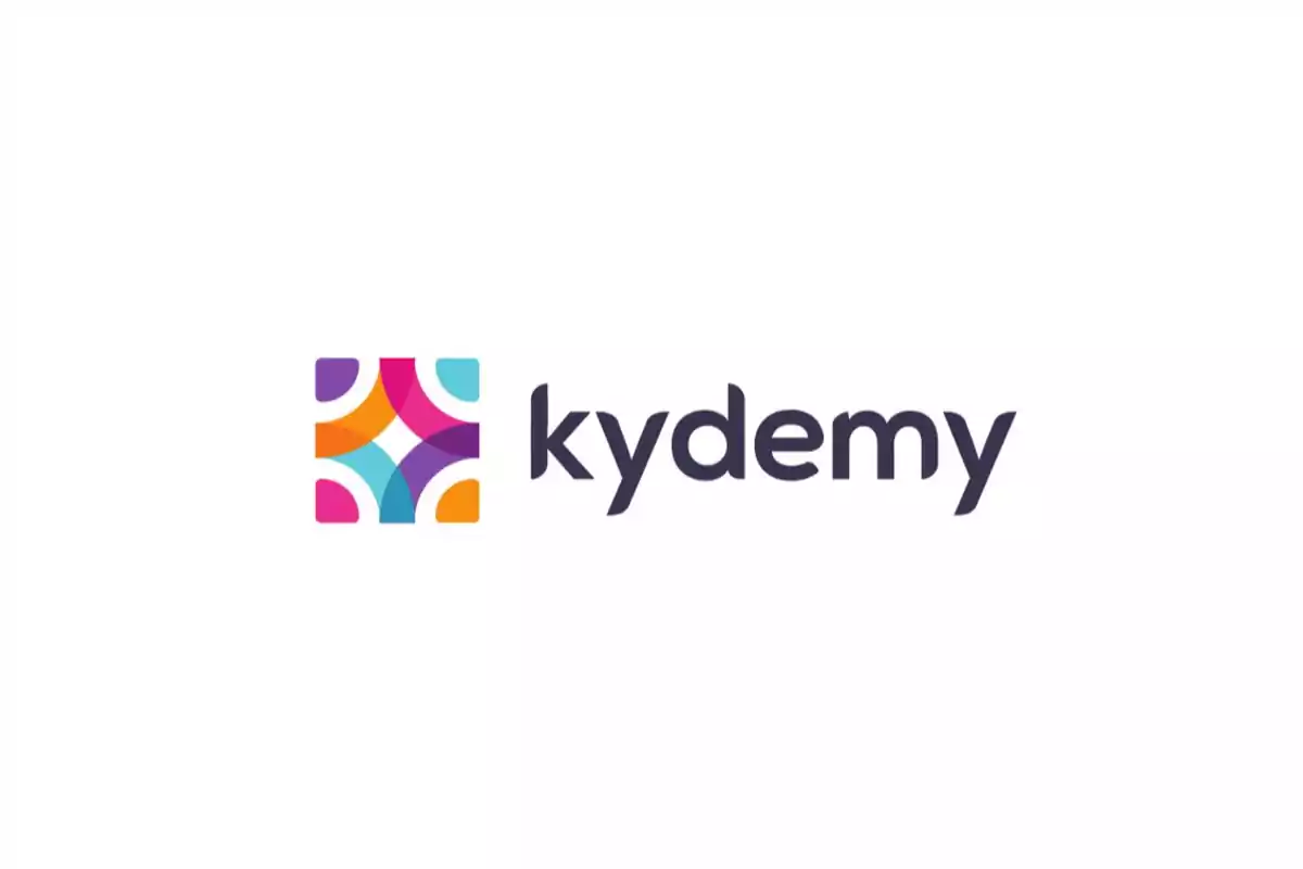 Logotipo de Kydemy con un diseño geométrico colorido a la izquierda y el nombre en letras negras a la derecha.