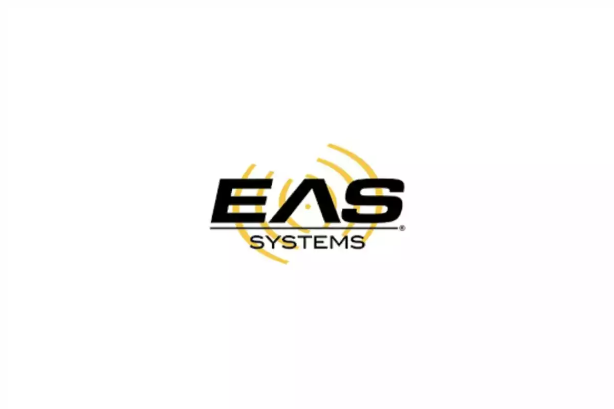 Logotipo de EAS Systems con ondas amarillas en el fondo.