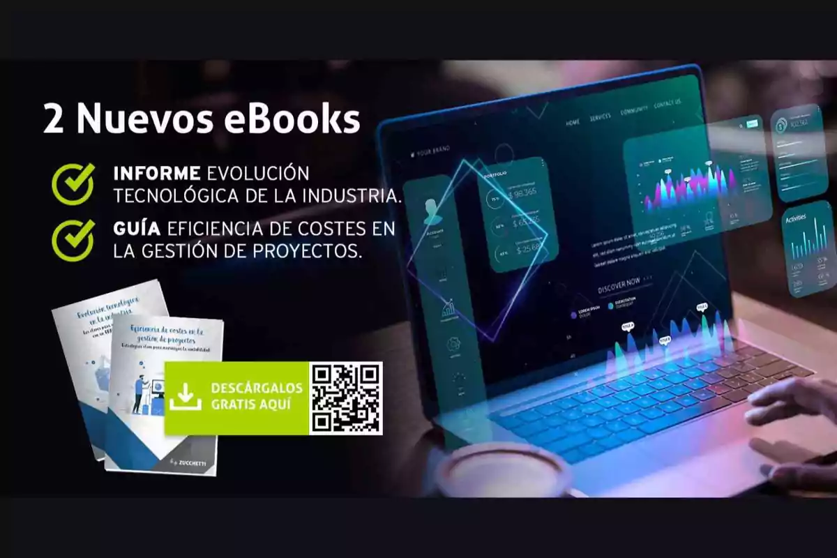 Imagen promocional de dos nuevos eBooks sobre evolución tecnológica y eficiencia de costes en gestión de proyectos, con opción de descarga gratuita mediante un código QR.