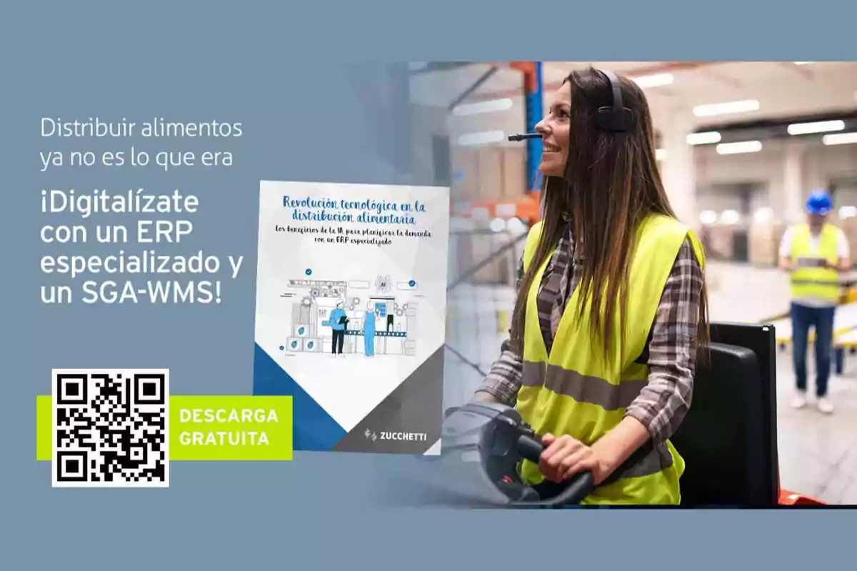 Mujer con chaleco amarillo y auriculares en un almacén junto a un cartel que promociona la digitalización con un ERP especializado y un SGA-WMS, incluye un código QR para descarga gratuita.